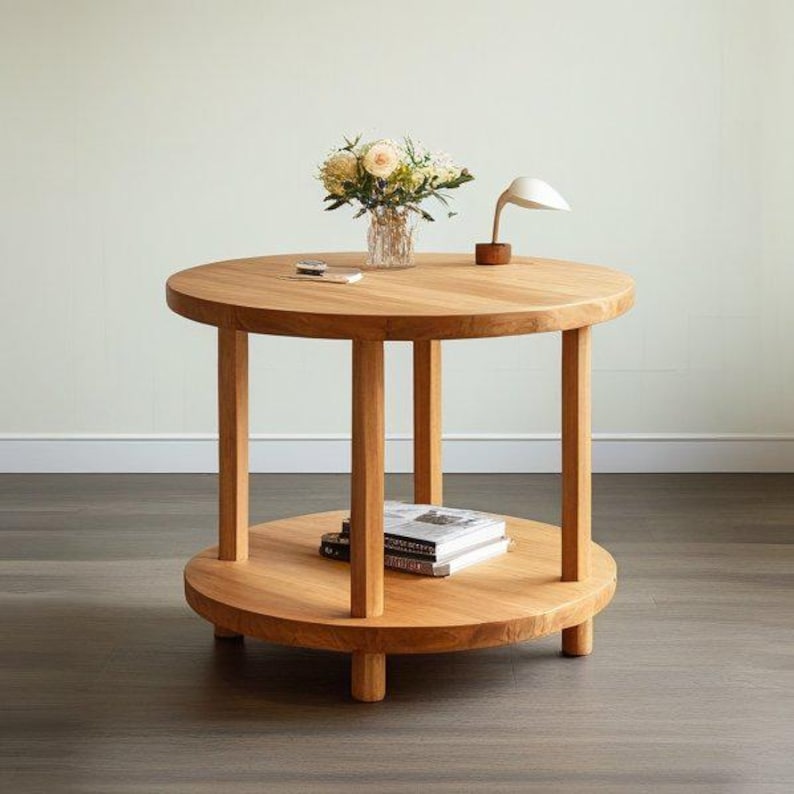 Okrugli bukov dvoslojni stočić za kafu