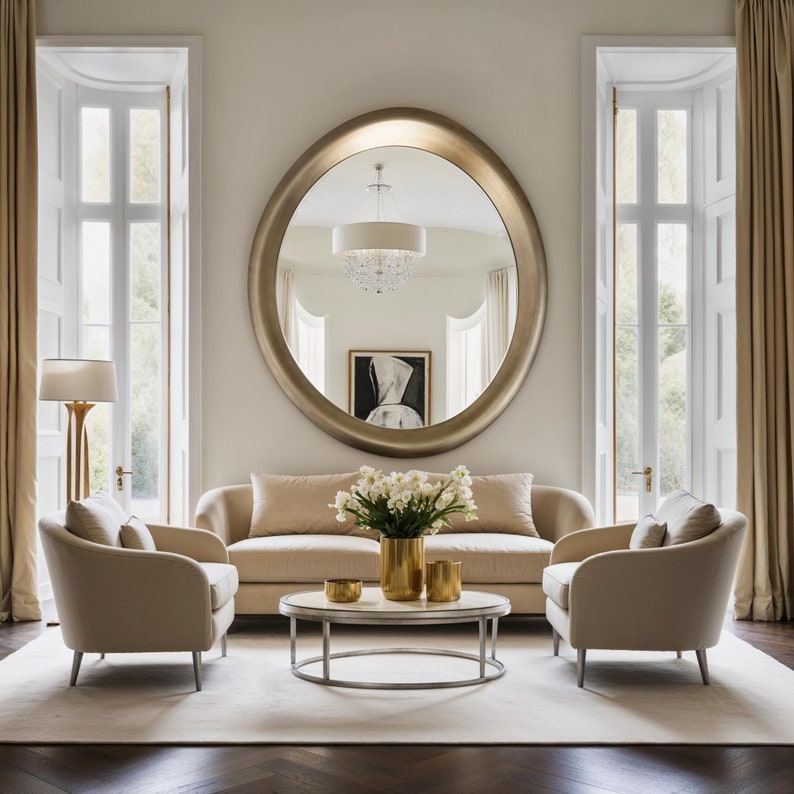 Srebrno Asimetrično Ogledalo v Lesenem Okvirju - Ročno Izdelano Okroglo Ogledalo