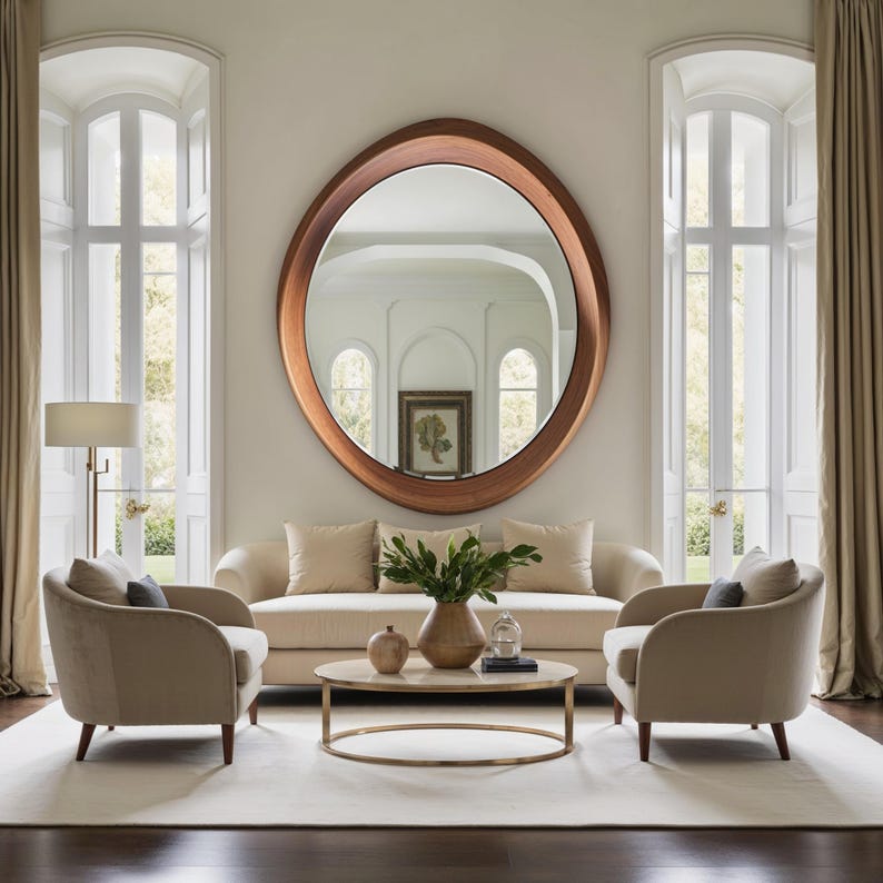 Silfur Ósamhverfur Spegill með Viðarramma - Handgerður Hringlaga Spegill - 10