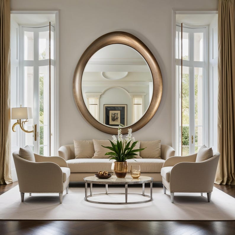 Silfur Ósamhverfur Spegill með Viðarramma - Handgerður Hringlaga Spegill - 2