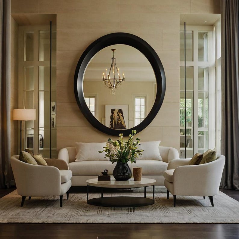 Silfur Ósamhverfur Spegill með Viðarramma - Handgerður Hringlaga Spegill - 5