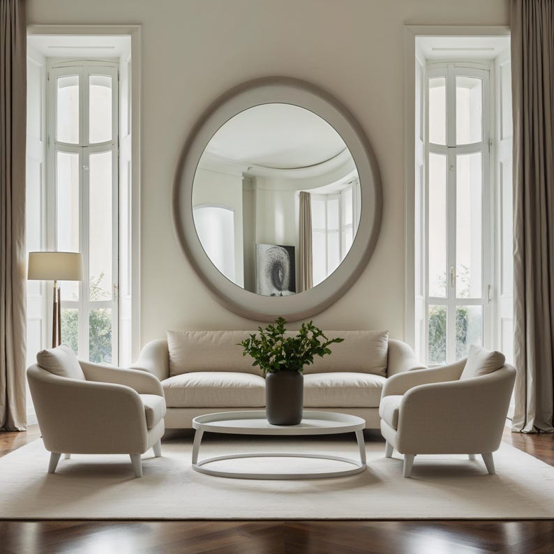 Silfur Ósamhverfur Spegill með Viðarramma - Handgerður Hringlaga Spegill - 7