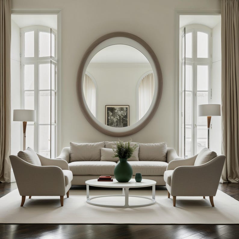 Silfur Ósamhverfur Spegill með Viðarramma - Handgerður Hringlaga Spegill - 8