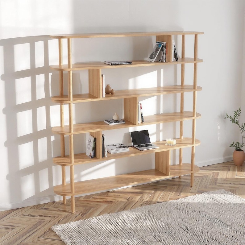 Дрвена Библиотека 5 Рафови - Минималистичко Складирање од Букa - 2