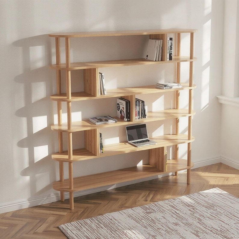 Дрвена Библиотека 5 Рафови - Минималистичко Складирање од Букa - 3