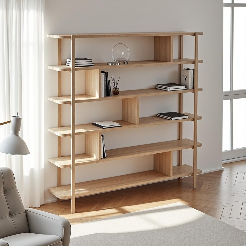 Дрвена Библиотека 5 Рафови - Минималистичко Складирање од Букa - 4