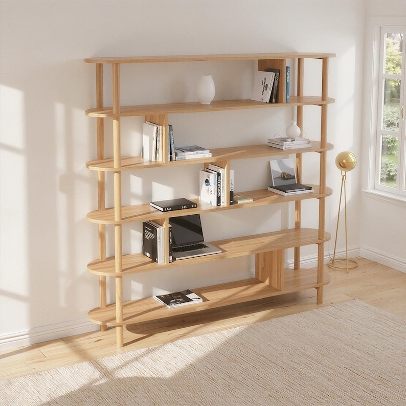 Дрвена Библиотека 5 Рафови - Минималистичко Складирање од Букa - 6