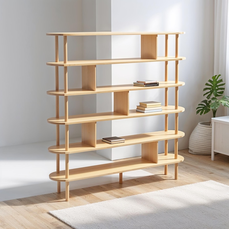 Дрвена Библиотека 5 Рафови - Минималистичко Складирање од Букa - 8